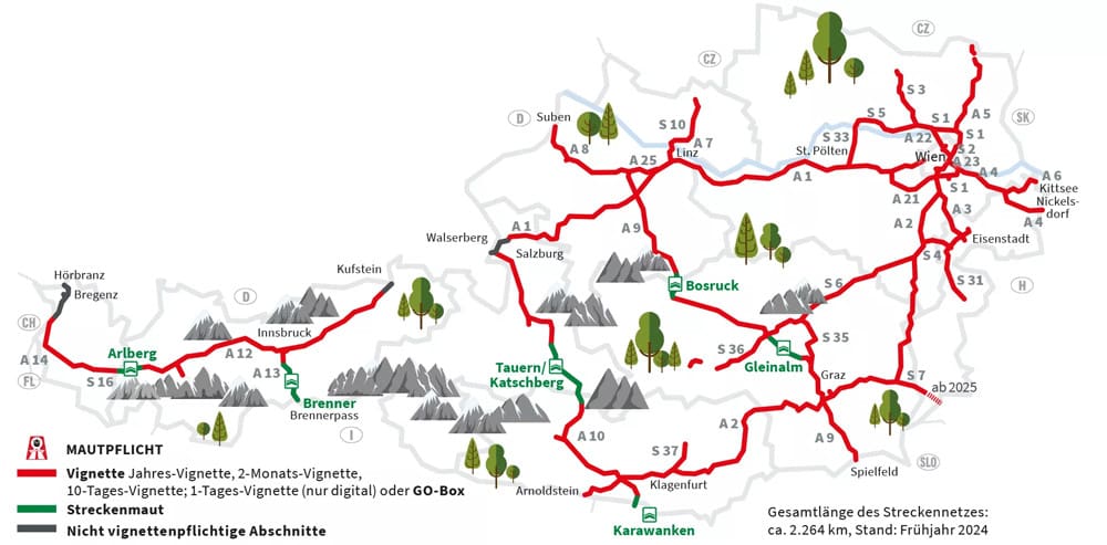 asfinag_strecken_2024_mautpflicht_de Autobahn- und Schnellstraßennetz mit Vignettenpflicht oder Streckenmaut