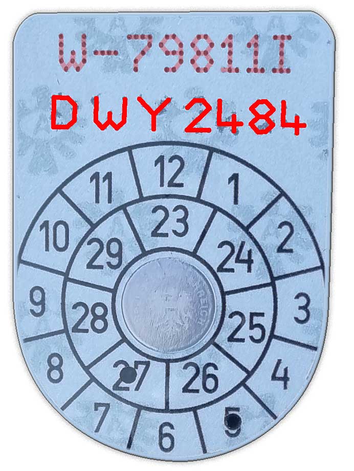 Plakette_W-79811-I_neu_Aussteller Plakette nach §57 a KFG mit Aussteller-Code