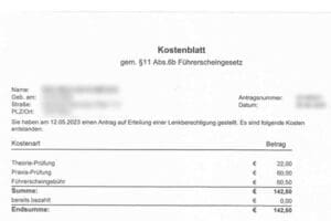 Ausschnitt eines Kostenblatts mit Behördenkosten (Stand Juni 2025)